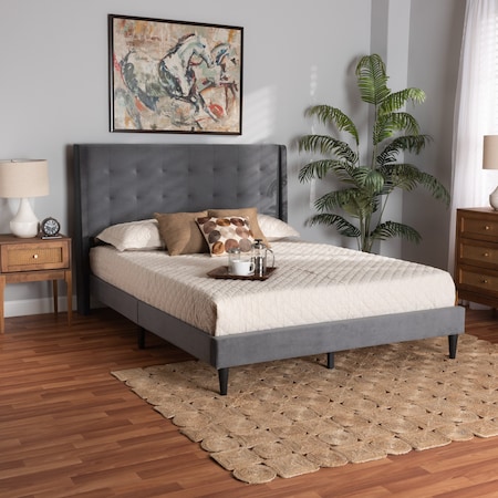 Baxton Studio Gothard  Grey Velvet Upholstered and Dark Brown Finished Wood Queen Size Platform Bed 215-12363-ZORO